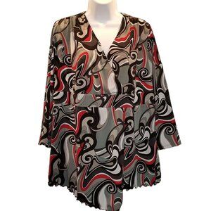 Cato Women's Plus 22W Top Faux Wrap Empire Waist 3/4 Sleeve Black Red Asymmetric